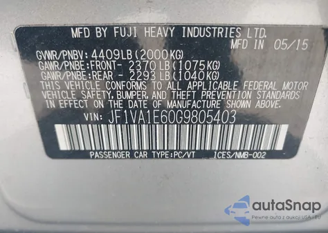 2016 Subaru Wrx Premium из США, поврежденный, VIN JF1VA1E60G9805403